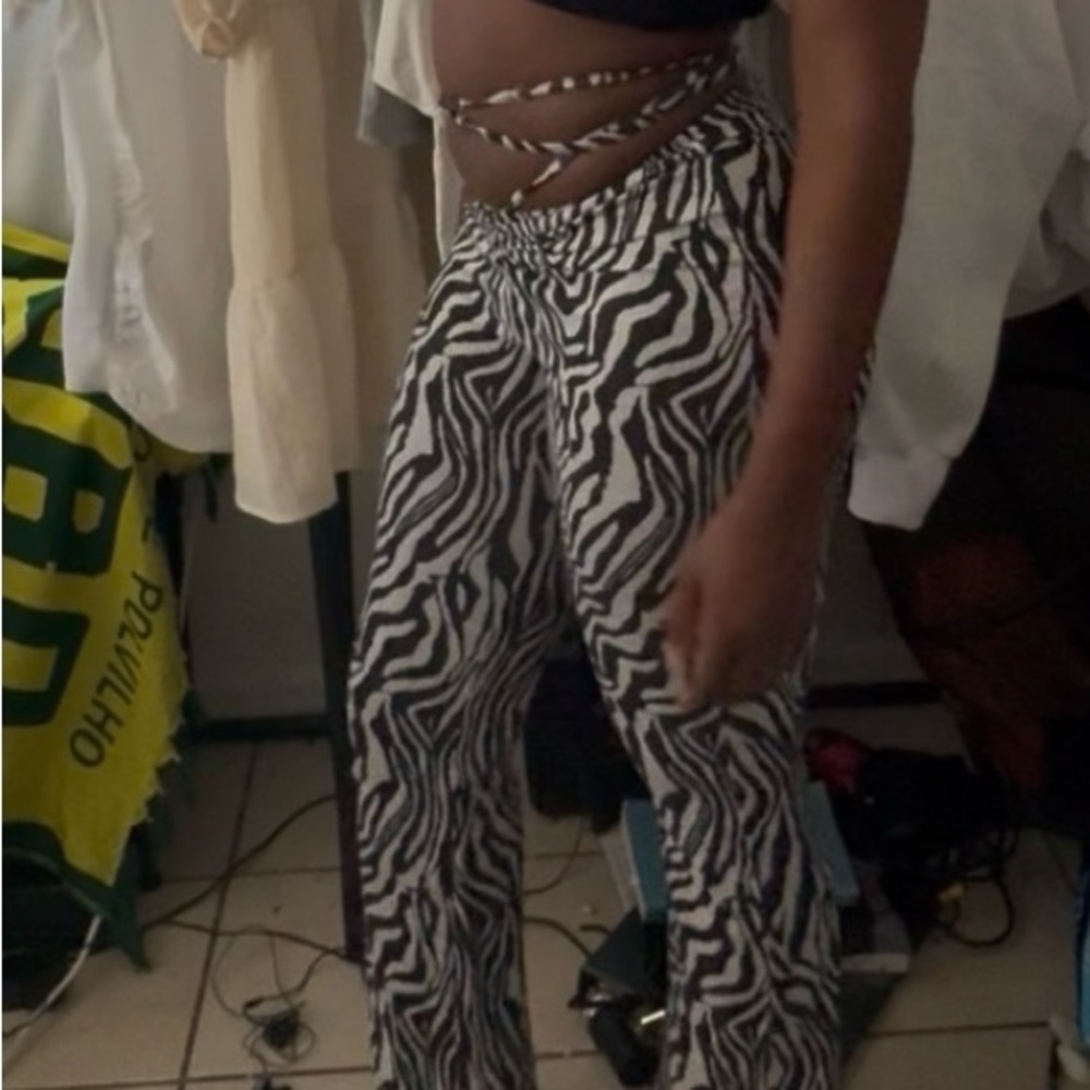 SHEIN Black and White Flare Pants with Zebra Print